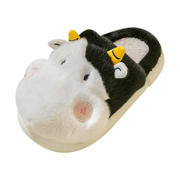 Otqutp Children Autumn Slippers Kids Baby Boys Girls Winter Slippers Cute Cow and Sheep Cute Print Non Slip Home Indoors Shoes House Shoes Bedroom Slipper(Black,10-10.5 Years)