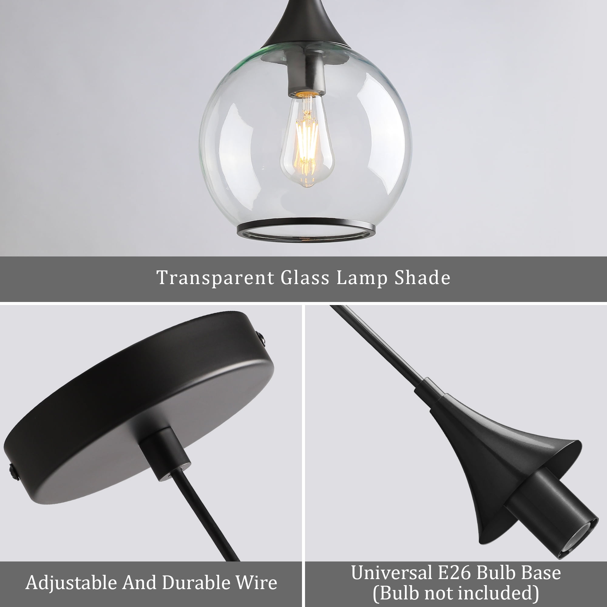 KAISITE Modern Pendant Light Fixture Dimmable Kitchen Island Hanging Ceiling Lights with Glass Shade-Black