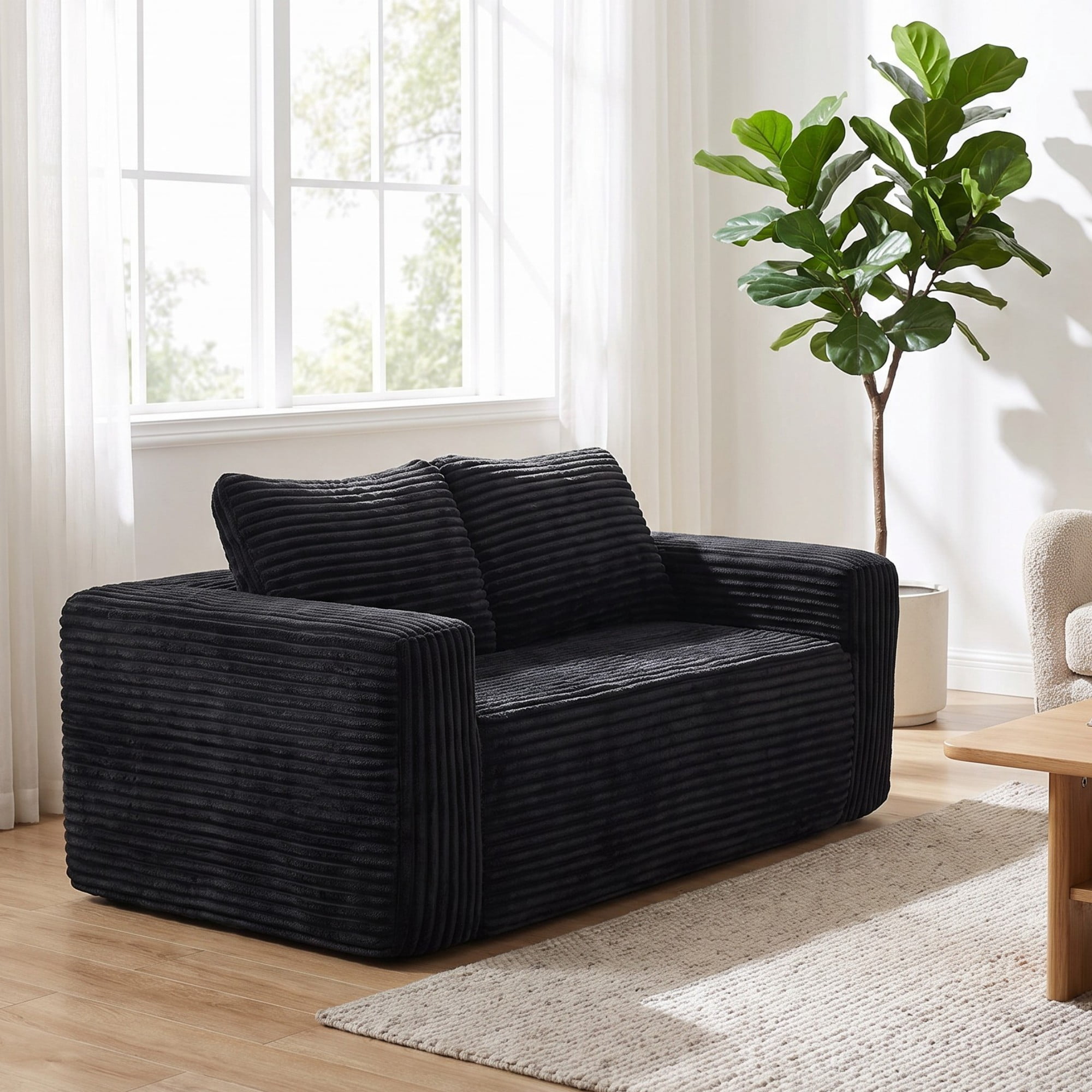 HOQBN 63 Inch Loveseat Sofa,Upholstered Compressed Couch with High-Density Foam Cushion,Corduroy No Frame 2-Seat Loveseat,Comfortable Floor Sofa for Bedroom,Office,Living Room,Small Spaces,Black