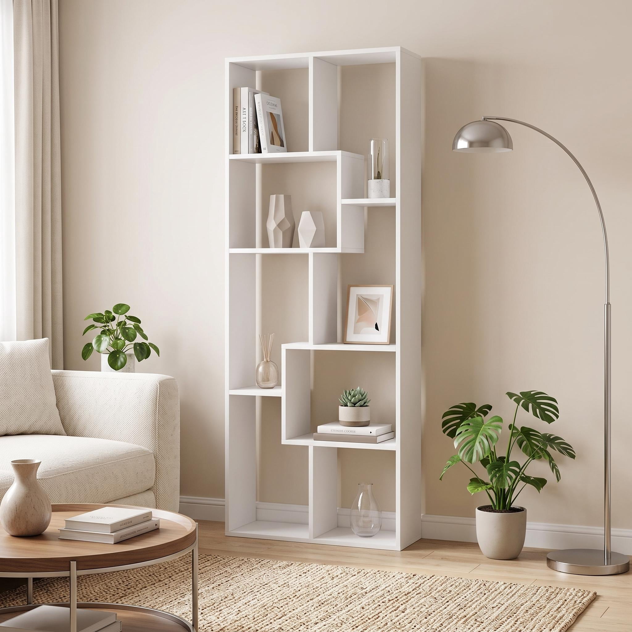 Homy Casa 71" Tall Geometric Bookcase, Open Display Shelf for Living Room & Home Office, White