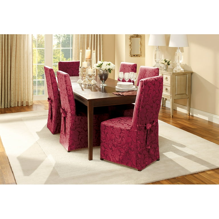 SureFit Scroll Long Dining Chair Slipcover in Burgundy