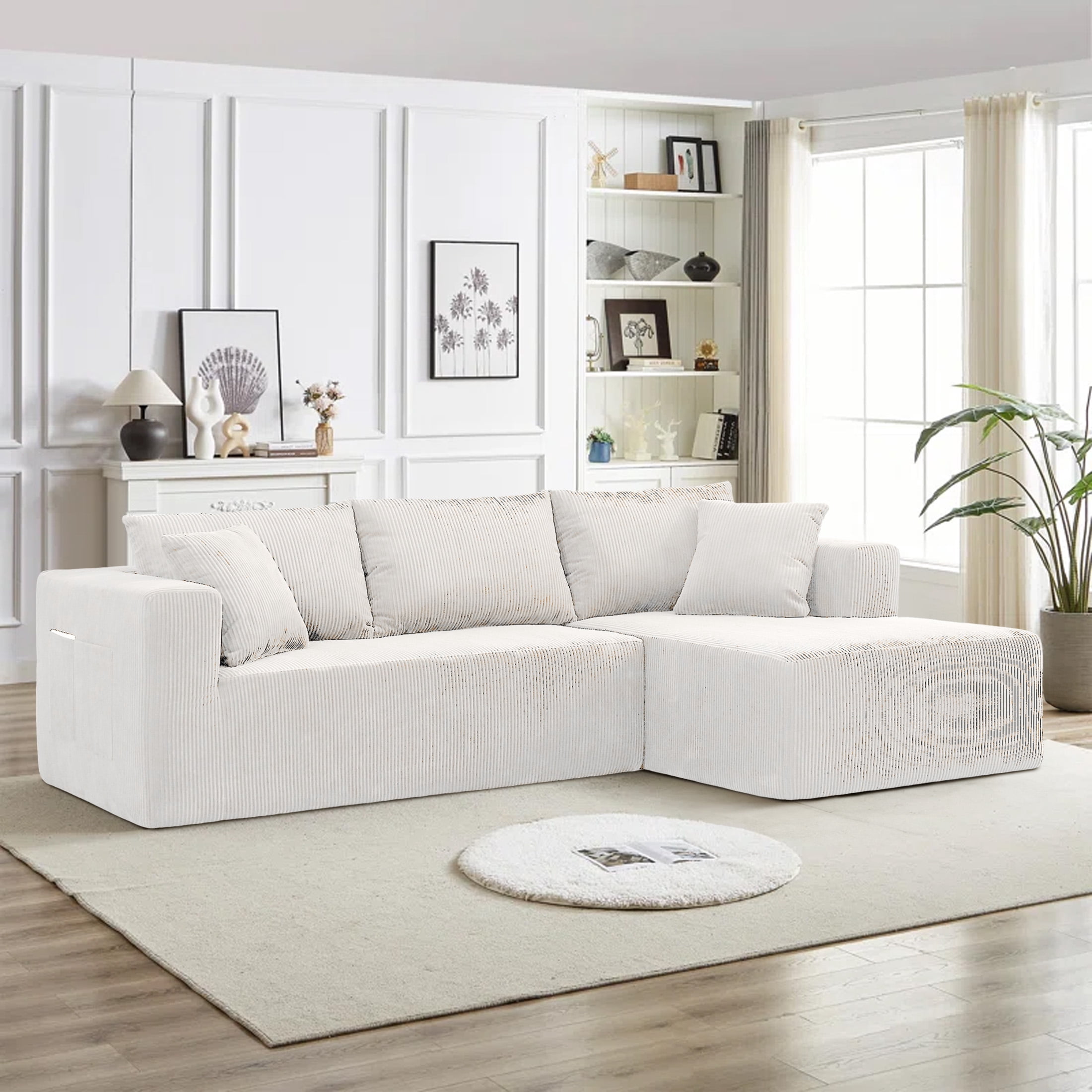 AENKYO 104'' Modular L-Shape Sectional Sofa with Chaise, Comfy Deep-Seat Cloud-Couch, Corduroy - White