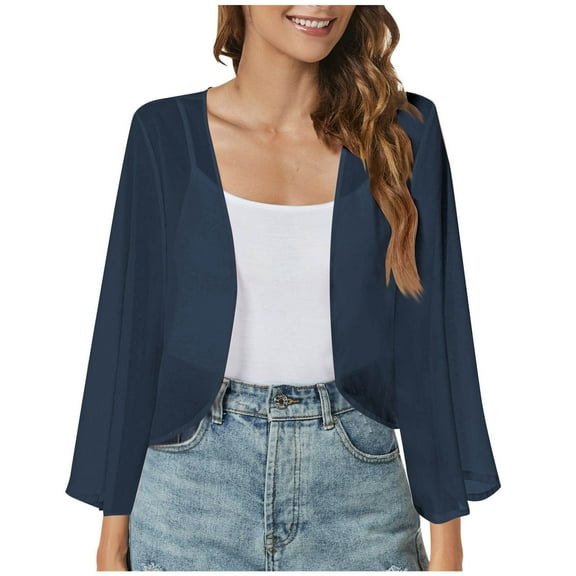 APEXFWDT Women's Chiffon Duster Cardigan Long Sleeve Flowy Boho Cover Up for Summer Sun Protection,M,Dark Blue