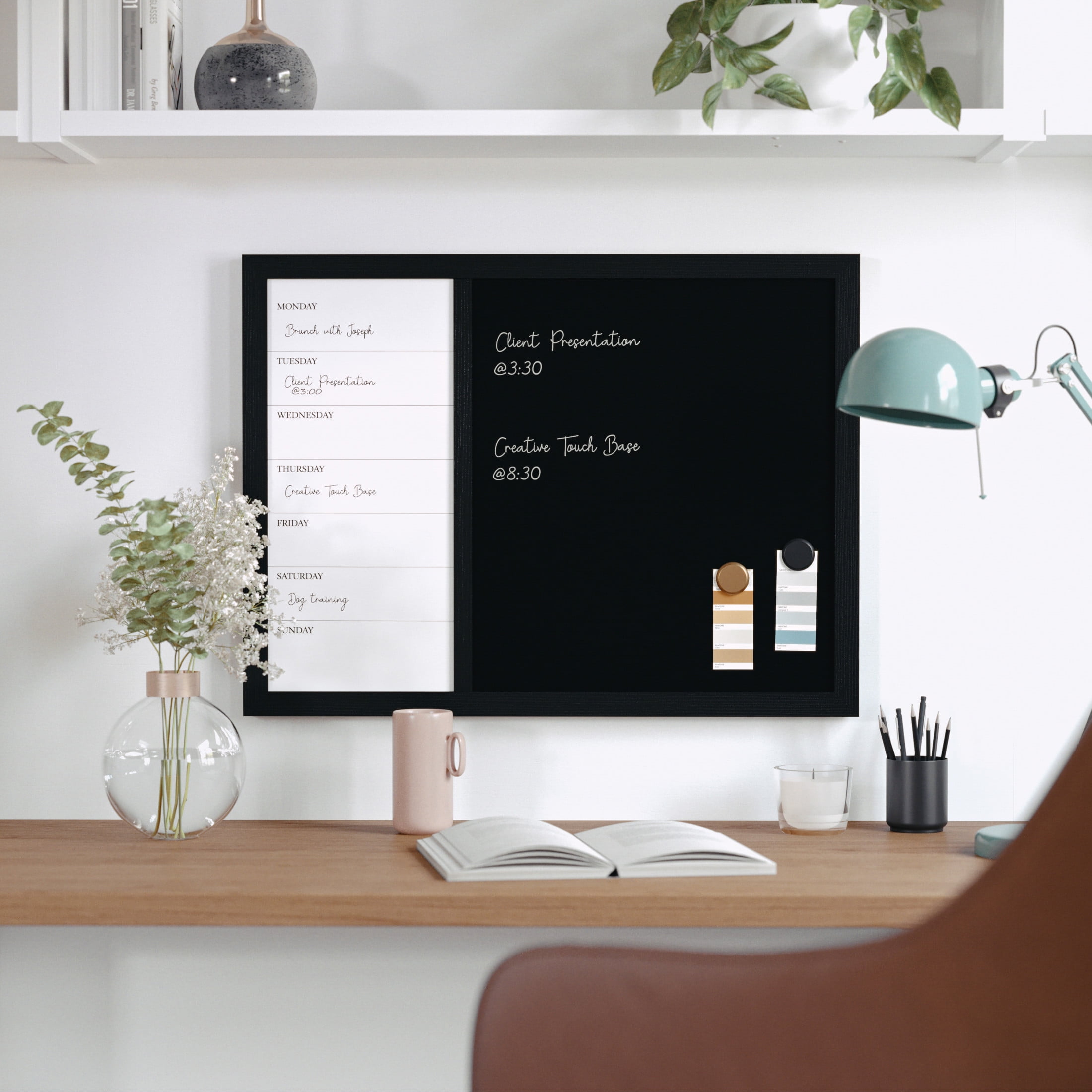 Martha Stewart Everette 24"x18" Magnetic Weekly Calendar Dry Erase Board and Chalk Board with Liquid Chalk Marker and Magnets, Black Woodgrain Frame