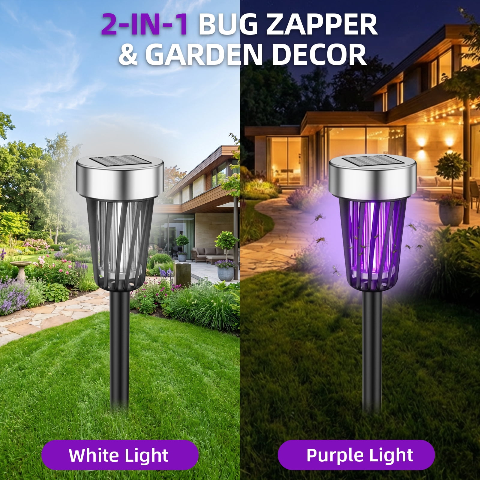 2Pack Solar Bug Zapper Outdoor Solar Powered Mosquito Zapper Mosquito Lamp Fly Zapper Repellent Lighting Stake Landscape Fixture for Garden Patio Pathway Backyard Camping