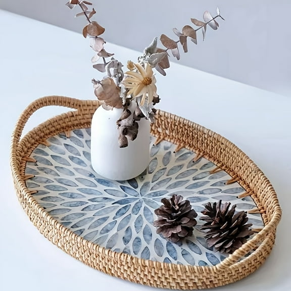 12"x8" Boho Serving Tray With Handle Craft Ornaments, Shell Wicker Decorative Tray For Snacks, Coffee, Bread And Fruits, Home Decor