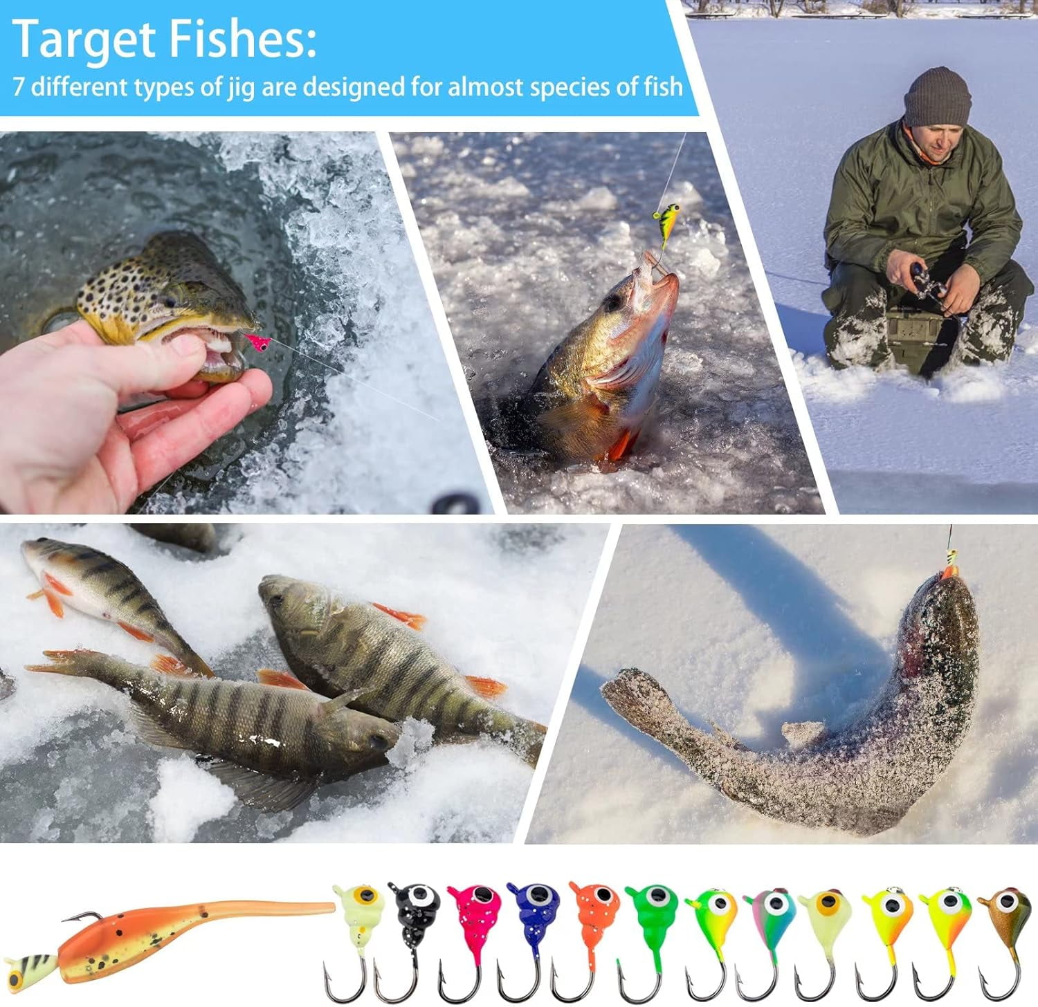 THKFISH Ice Fishing Jigs Kit Ice Fishing Lures for Walleye Perch Jigs Heads for Ice Fishing Tackle Panfish Crappie Jigs 50PCS/31PCS