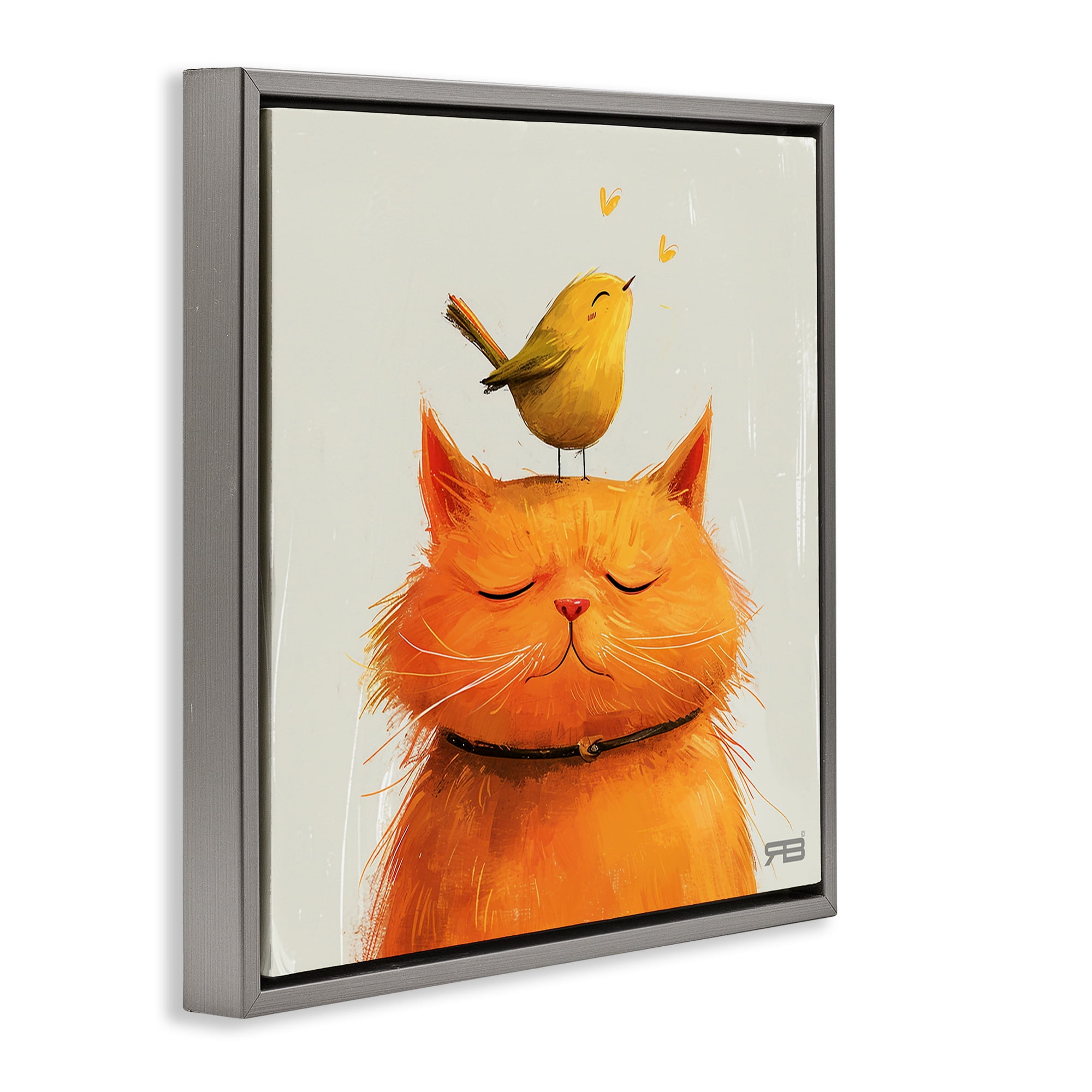 Stupell Industries Bird Perched on Cat Animals Painting Gray Floater Framed Canvas Art Print Wall Art, 18 x 18