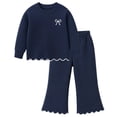 thumbnail image 3 of HILEELANG Girls' 3-8T Navy Blue Bow Print Scalloped Casual Playwear for Kids,Soft Loungewear Outfit Sets,5Y, 3 of 14