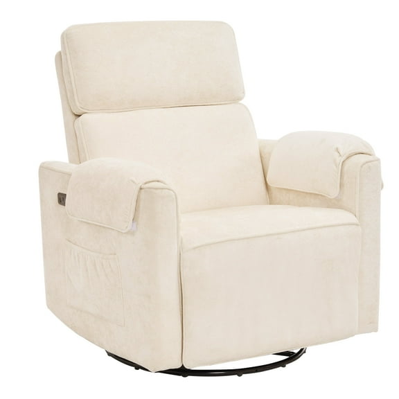 Oversized Power Recliner Chair, 26" Extra Wide Swivel Rocker Recliner with Adjustable Headrest, Chenille Glider Rocking Nursery Chair with Overstuffed Armrest, USB Ports, Cream