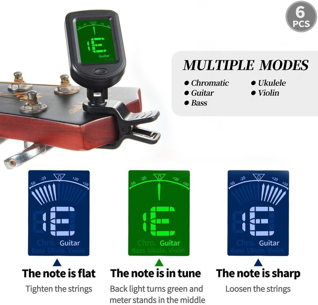 Guitar Tuner Clip On 6 Pack Chromatic Acoustic Guitar Tuner Ukulele Violin Bass Tuner (6 Pack)