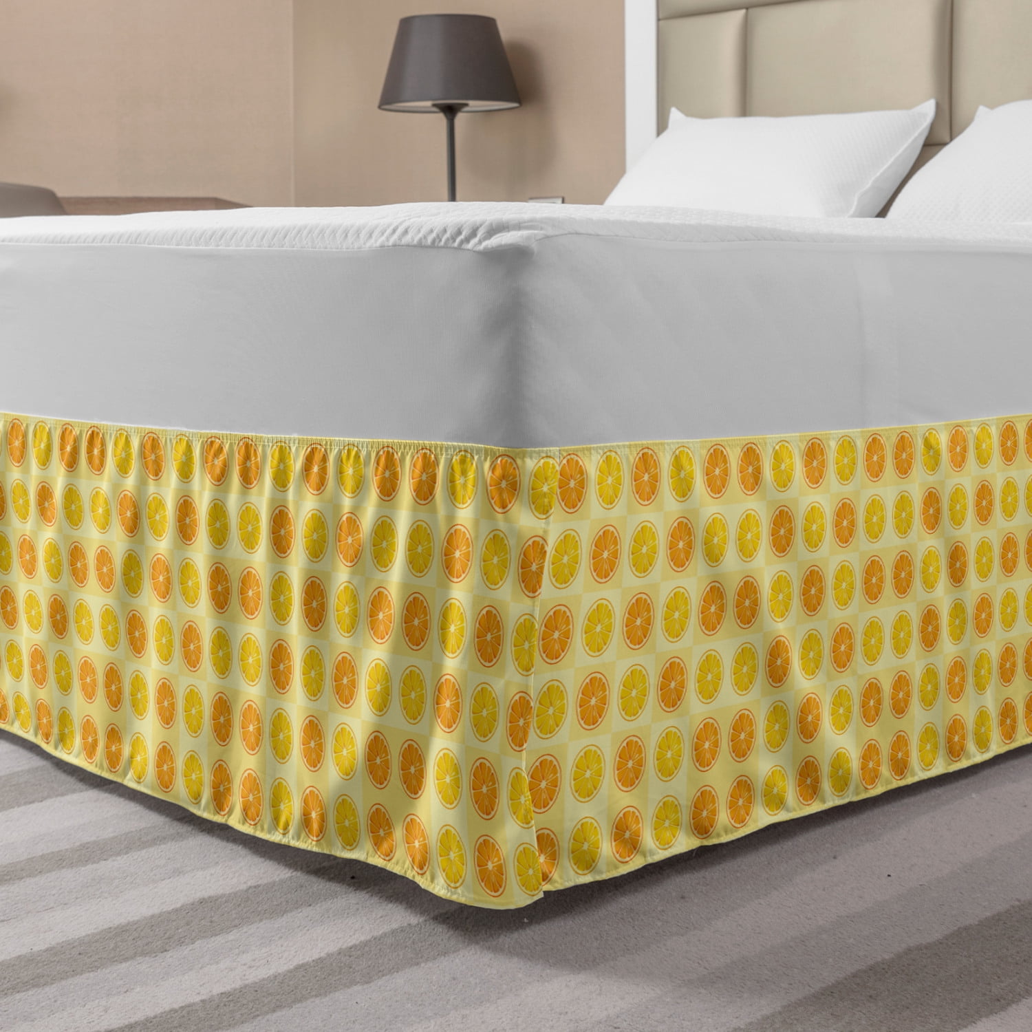 Orange and Yellow Bed Skirt, Citrus Fruit with Round Slices on Squares