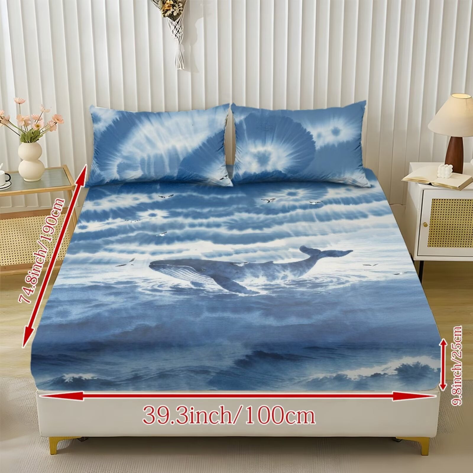 ZIATUBLES Full Sheets Set 3 Pieces,Lightweight Breathable Bed Sheets, Soft Cozy Bedding 9.8" Standard Pocket Sheets with Elastic Bottom Straps, Blue Tie-Dye Whale Print