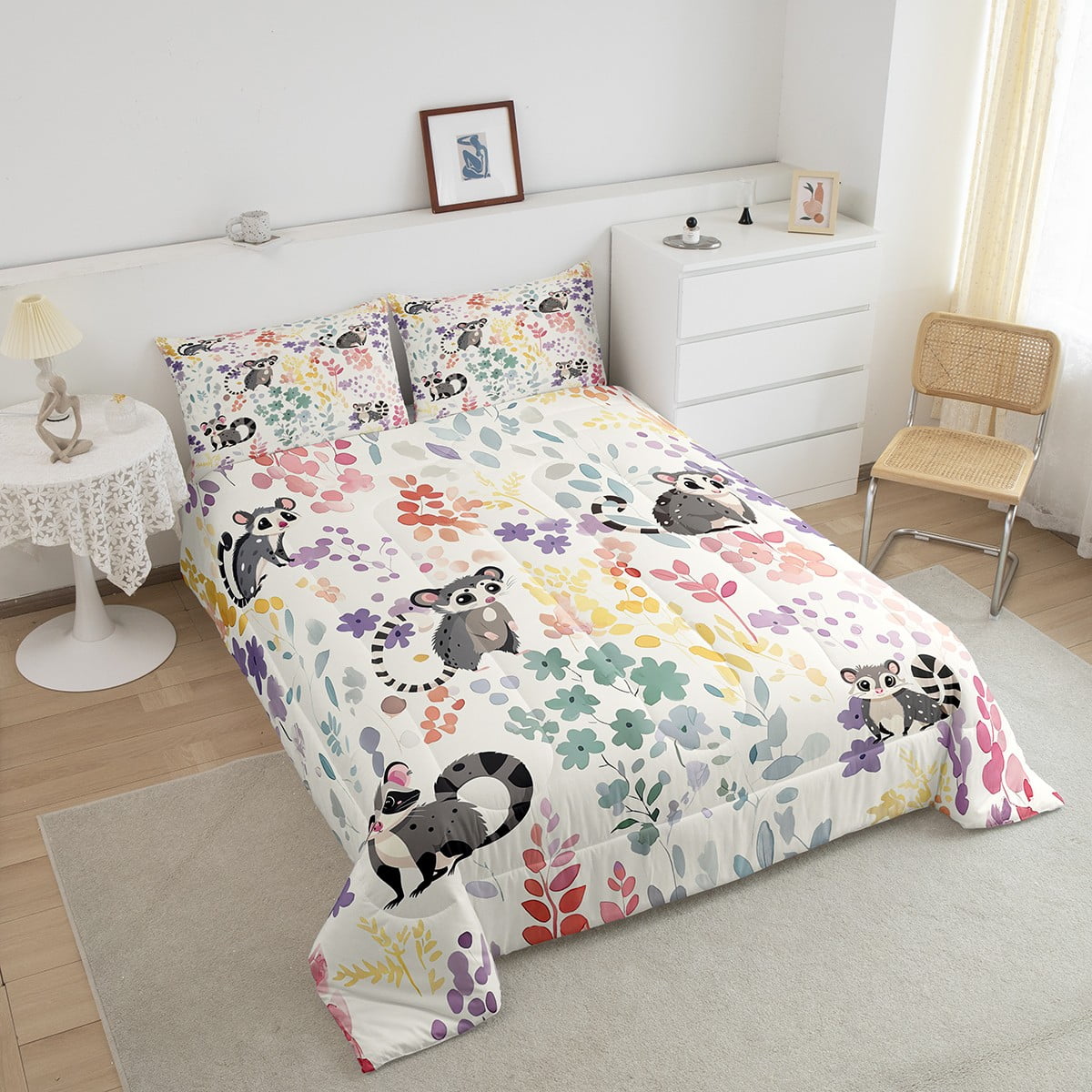 Kawaii Lemur Bedding Set Twin Size,Cartoon Lemur Floral Comforter&nbsp;Set for Kids Girls Boys,Cute Rainbow Flower Quilt Bed Set Animal Print Down Comforter with 1 Pillowcase