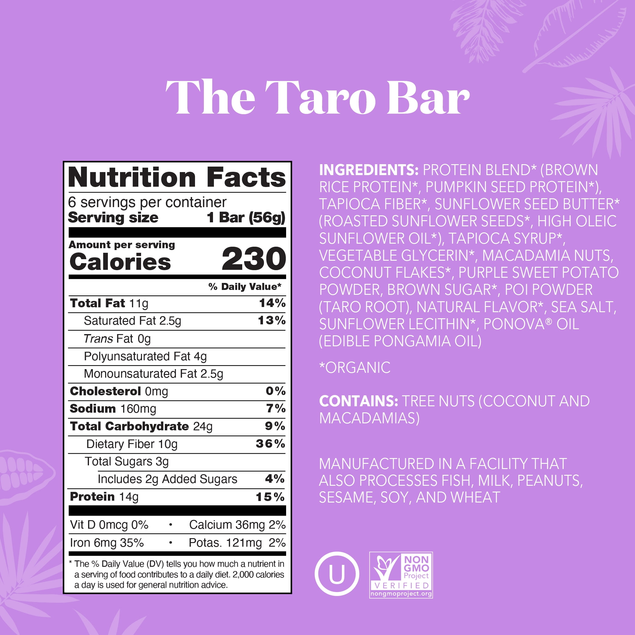 ALOHA, Organic Plant Based Protein Bars, The Taro Bar, 14g Protein (Pack of 6)