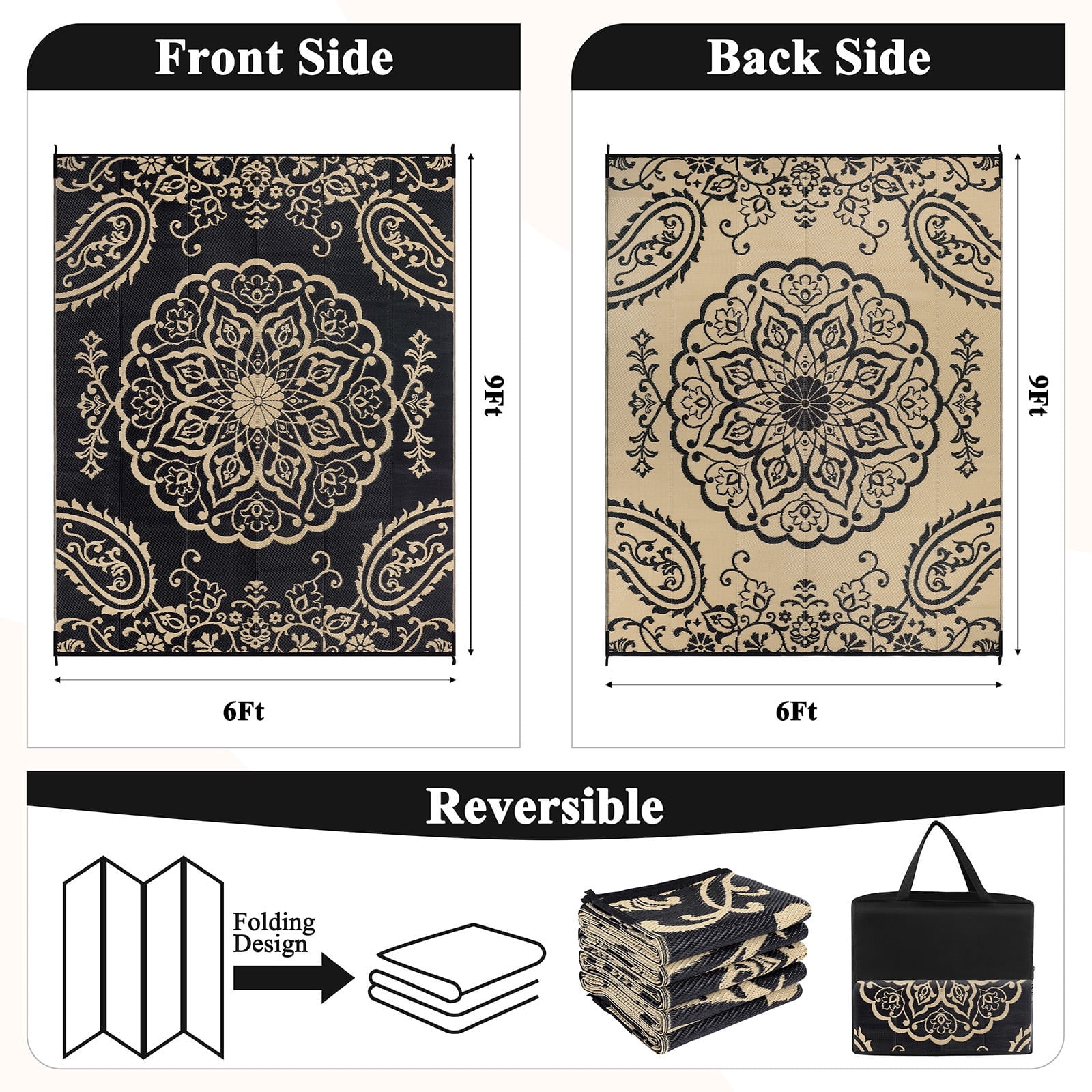 MeyJey Outdoor Rug 6'x9' Reversible Waterproof Area Rug Plastic Mat for RV Patio Camping Black