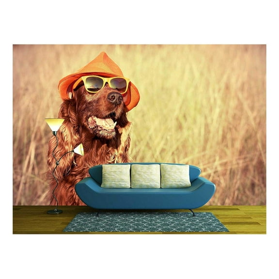 wall26 - Funny Retro Dog Wearing Sunglasses and Hat - Removable Wall Mural | Self-Adhesive Large Wallpaper - 100x144 inches