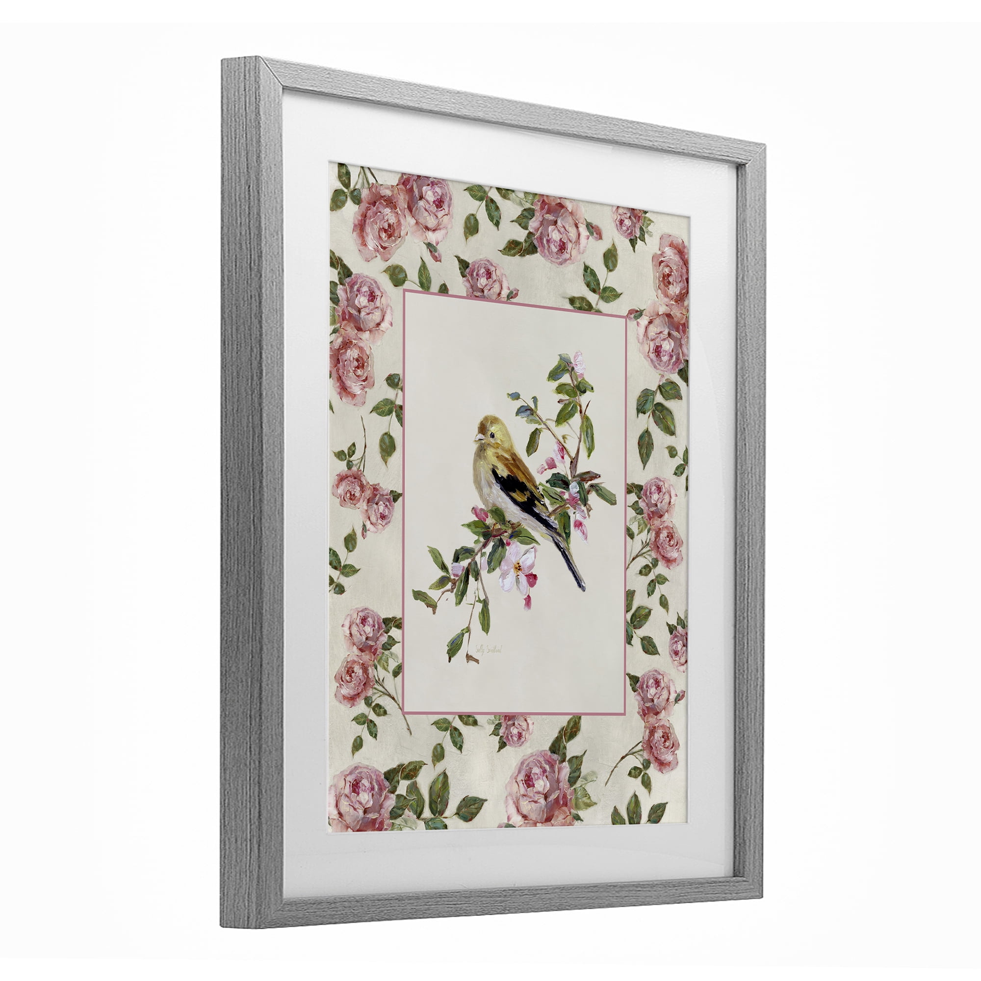 Stupell Industries Perched Bird with Dainty Roses Gray Framed Print Under Glass, design by Sally Swatland