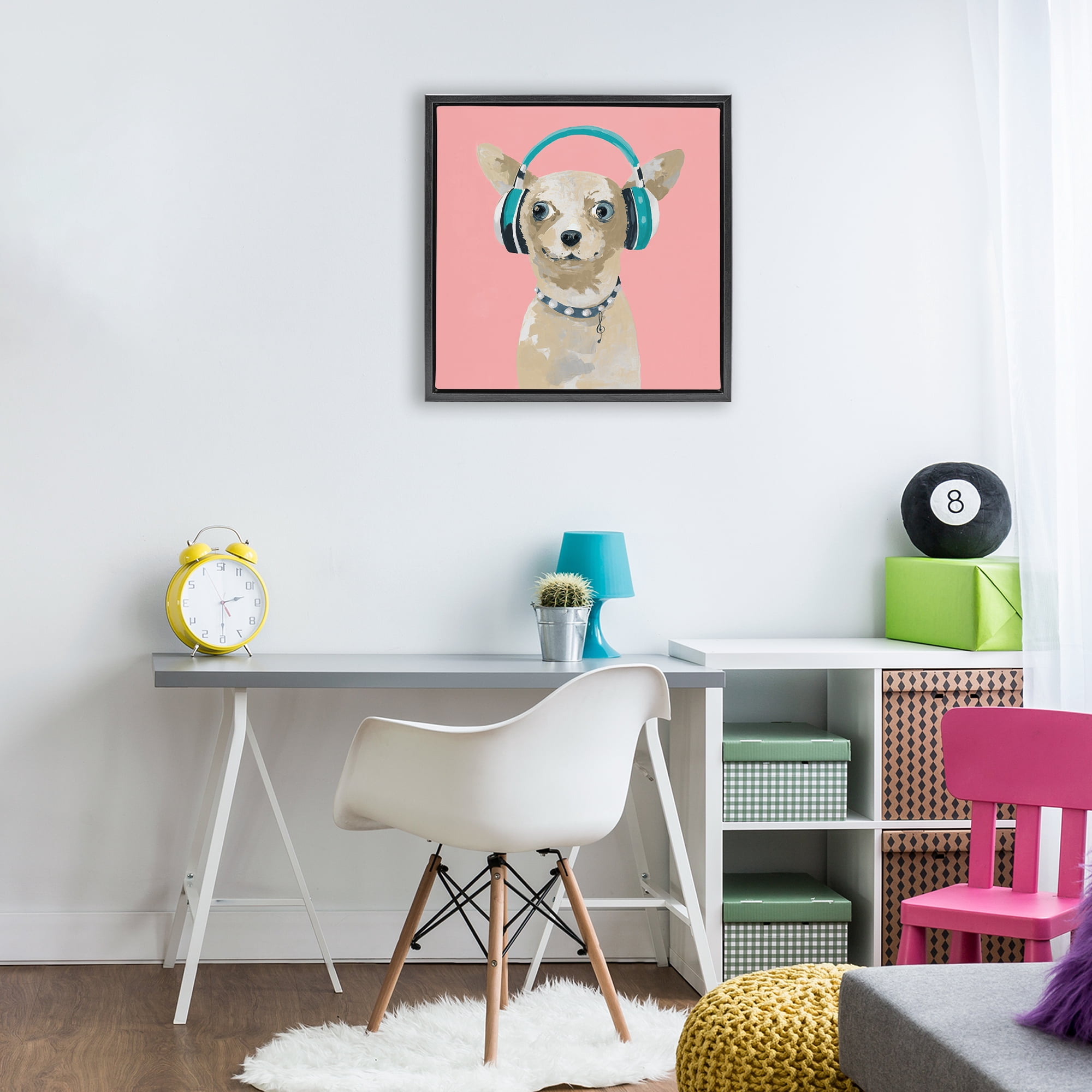 Stupell Industries Jammin' Pup on Pink Black Framed Floater Canvas Wall Art, design by Lorenzo Collective