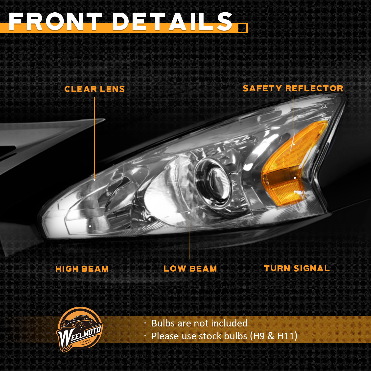 WEELMOTO Halogen Headlights for 2013-2015 Altima 4Dr Sedan Headlight Assembly Pair Replacement for 13 14 15 Altima Chrome Housing Amber Reflector (DOES NOT FIT XENON/HID)
