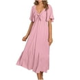 thumbnail image 2 of Munlar Womens V Neck Sundress A-line Pink Flowy Short Sleeve Midi Dress Summer Ruffle Dress for Women, 2 of 9
