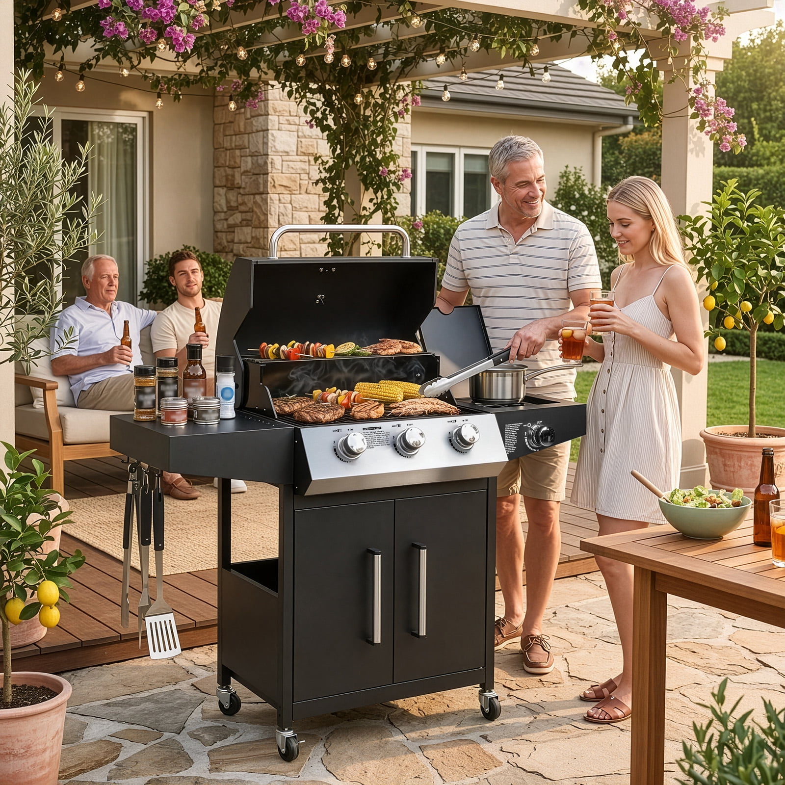 SalonMore Outdoor Gas Grill with Side Stove 46000BTU for Patio Outdoor Party Cooking BBQ