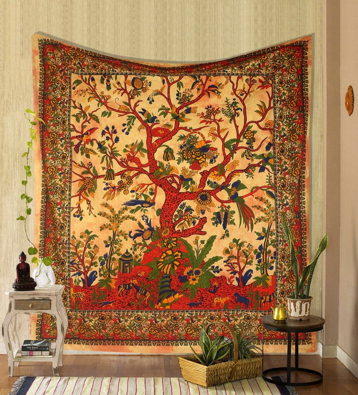Indian Cotton Blue Tree Of Life Queen Tapestry Mandala Bedspread Home Decor 