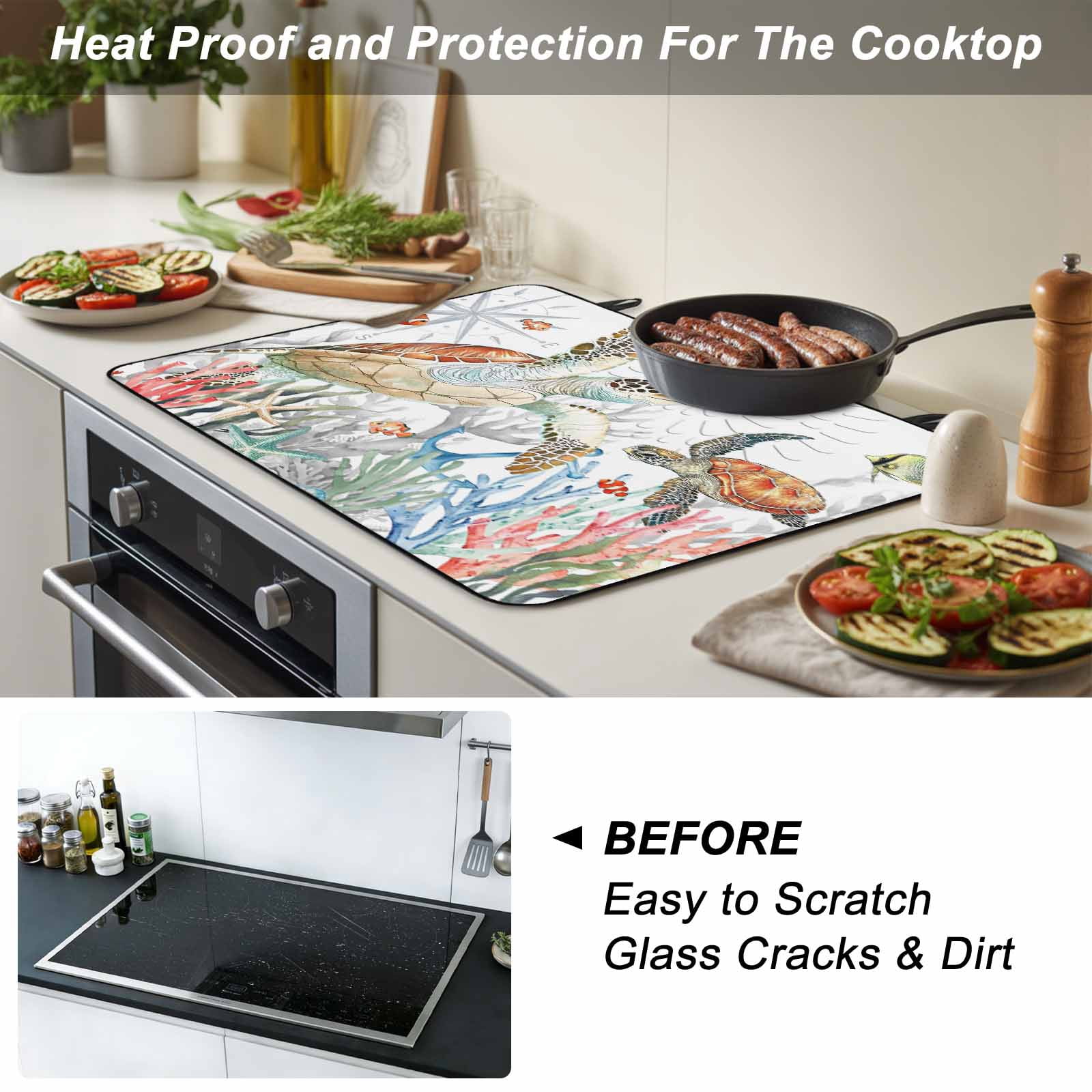 Brown Sea Turtle Coastal Stove Top Cover for Electric Stove, Heat-proof & Non Slip Glass Top Stove Cover Protector, Summer Beach Coral Starfish Nautical Kitchen Flat Cooktop Rubber Mat 24x21 Inches