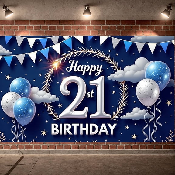 Navy Blue Theme Happy 21st Birthday Banner Silver Decoration 21st Birthday Display Balloon Elements Star Pattern Happy 21 Backdrop for 21st Birthday Party Indoor Decoration Photo Prop
