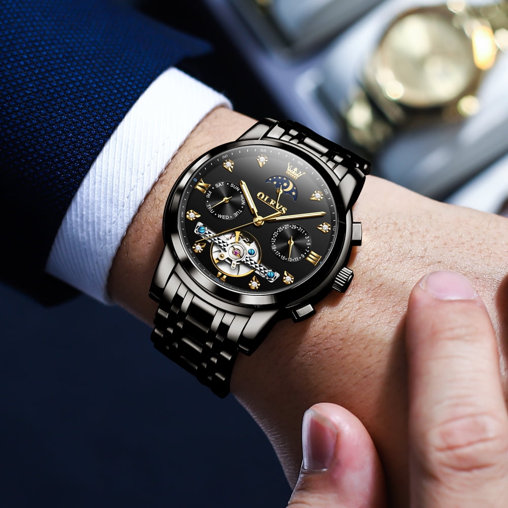 OLEVS Automatic Watches for Men Self Winding Mechanical Skeleton Flywheel Chronograph Luxury Dress Stainless Steel Diamond Moon Phase Waterproof Luminous Mens Wrist Watches Reloj Para Hombre