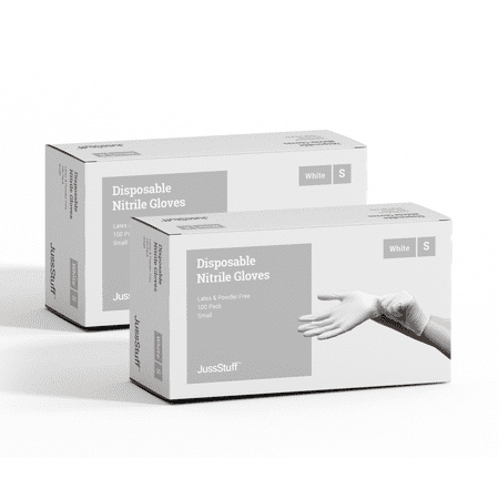 

JussStuff Nitrile Gloves Exam Gloves - White - 2 Boxes of 100 Gloves (Small)