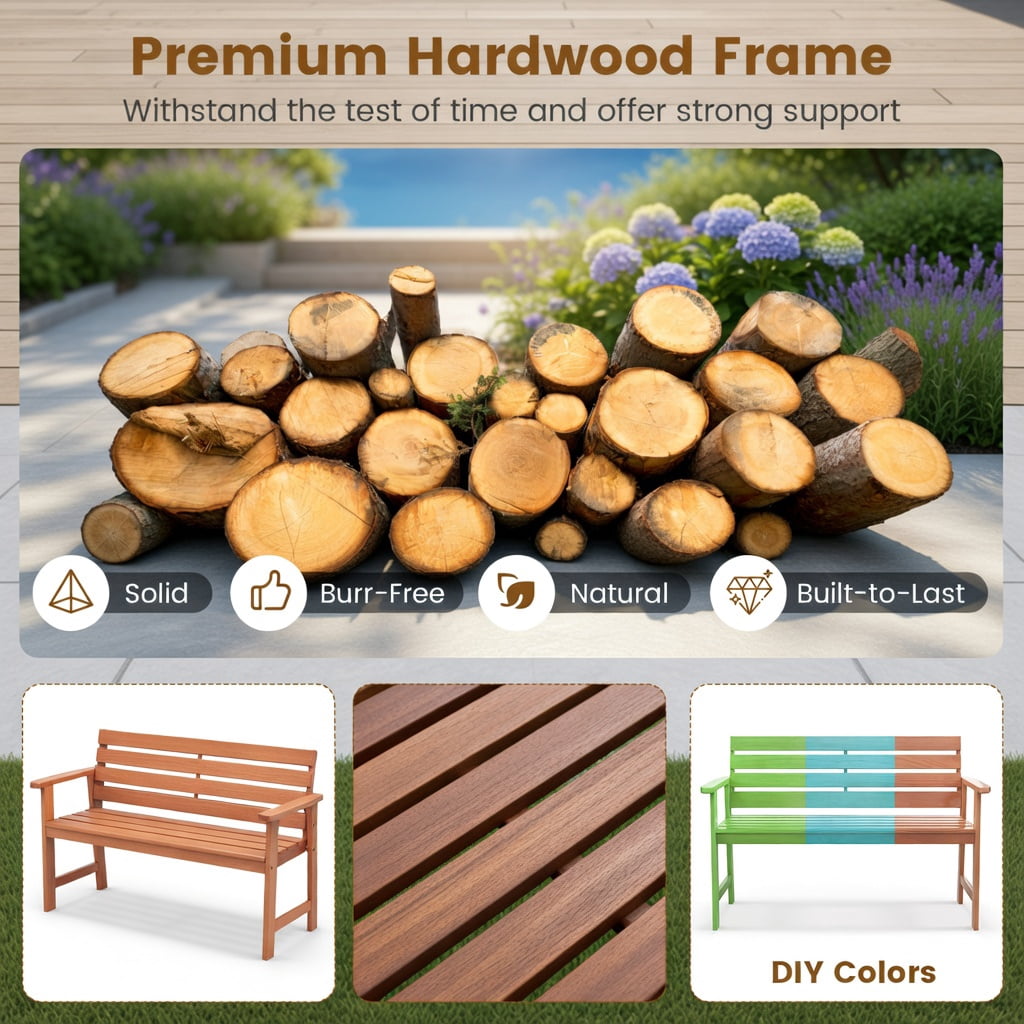 Hommoo 2-Person Solid Wood Outdoor Bench, Slatted Breathable Seat & Ergonomic 102° Inclined Backrest for Patio, Porch & Balcony, Natural