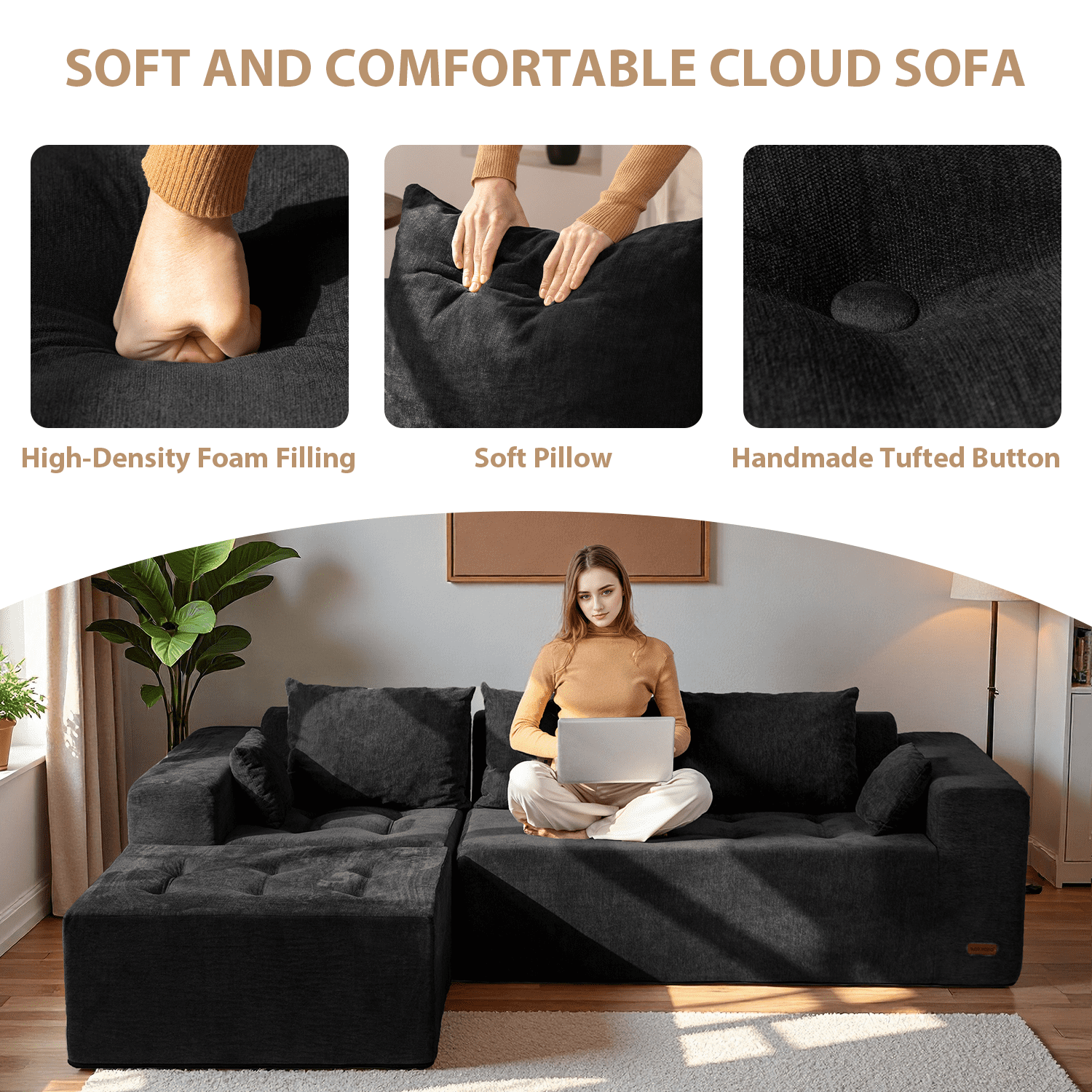 BYBYME Cloud Sectional Couch with L-Shape Chaise Modern Comfy Modular Chenille Sofa for Living Room,Tufted 4-Seat Sleeper Chair with 1 Ottoman,Sofa in A Box,No Assembly Required,Black