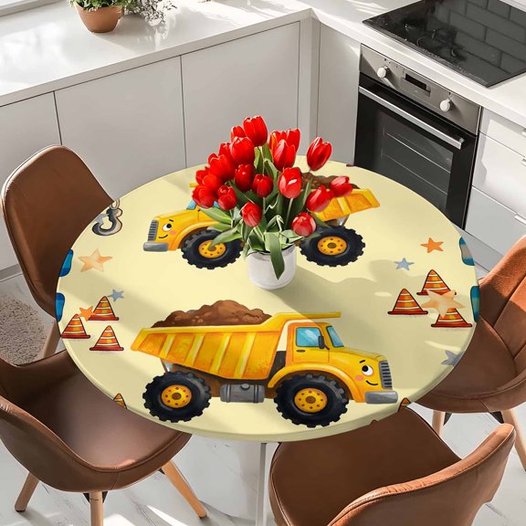 Yellow Trucks Elastic Fitted Round Tablecloth Cartoon Stars Caravans Roadblocks Blue Khaki Waterproof Outdoor Table Cover for Holiday Party, Picnic, Patio & Dining Fits Tables Up to 55"-60"