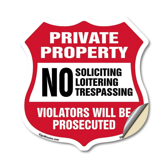 Private Property Shield Sign No Soliciting Loitering Trespassing. Violators Will Be Prosecuted 12 inch X 12 inch Shield Shaped Heavy Duty 3.2 mil Vinyl Decal Weather Resistant Made in
