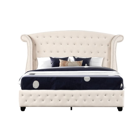 Queen Velvet Upholstered Bed with Crystal Tufted Accents for Bedroom Elegance