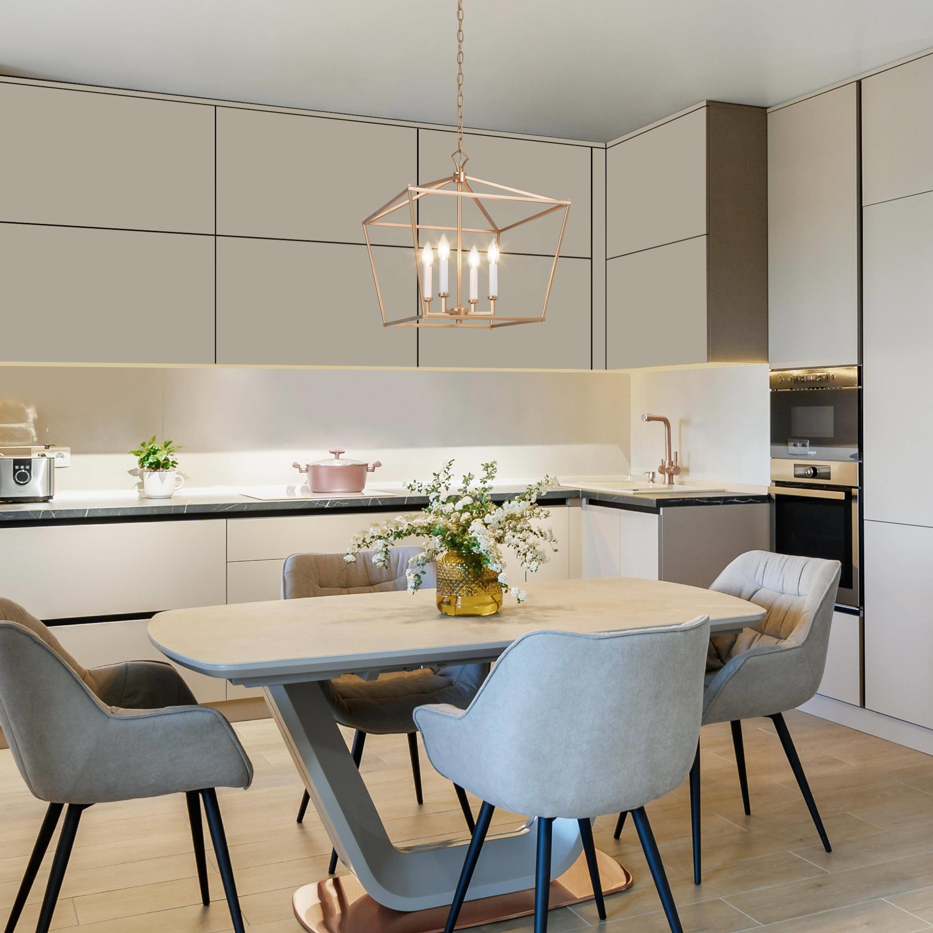 LNC 4-Light Matte Gold and White Modern Cage LED Kitchen Island Chandelier