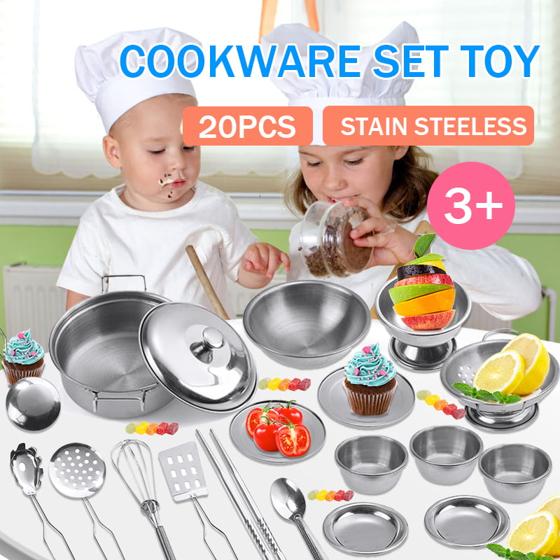 20Pcs Stainless Steel Pots Pans Cookware Miniature Fun Pretend Play Toy For Kids 