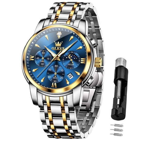OLEVS Chronograph Watches for Men Plated Golden Blue Dress Luxury Moon Phase Casual Analog Quartz Stainless Steel Business Luminous Date Mens Wrist Watches Reloj Para Hombre