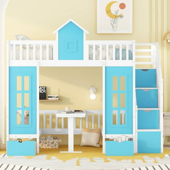 Solid Wood Twin-Over-Twin Bunk Bed with Changeable Table, Turn into Upper Bed and Down Desk with 2 Drawers for Teens(Blue)