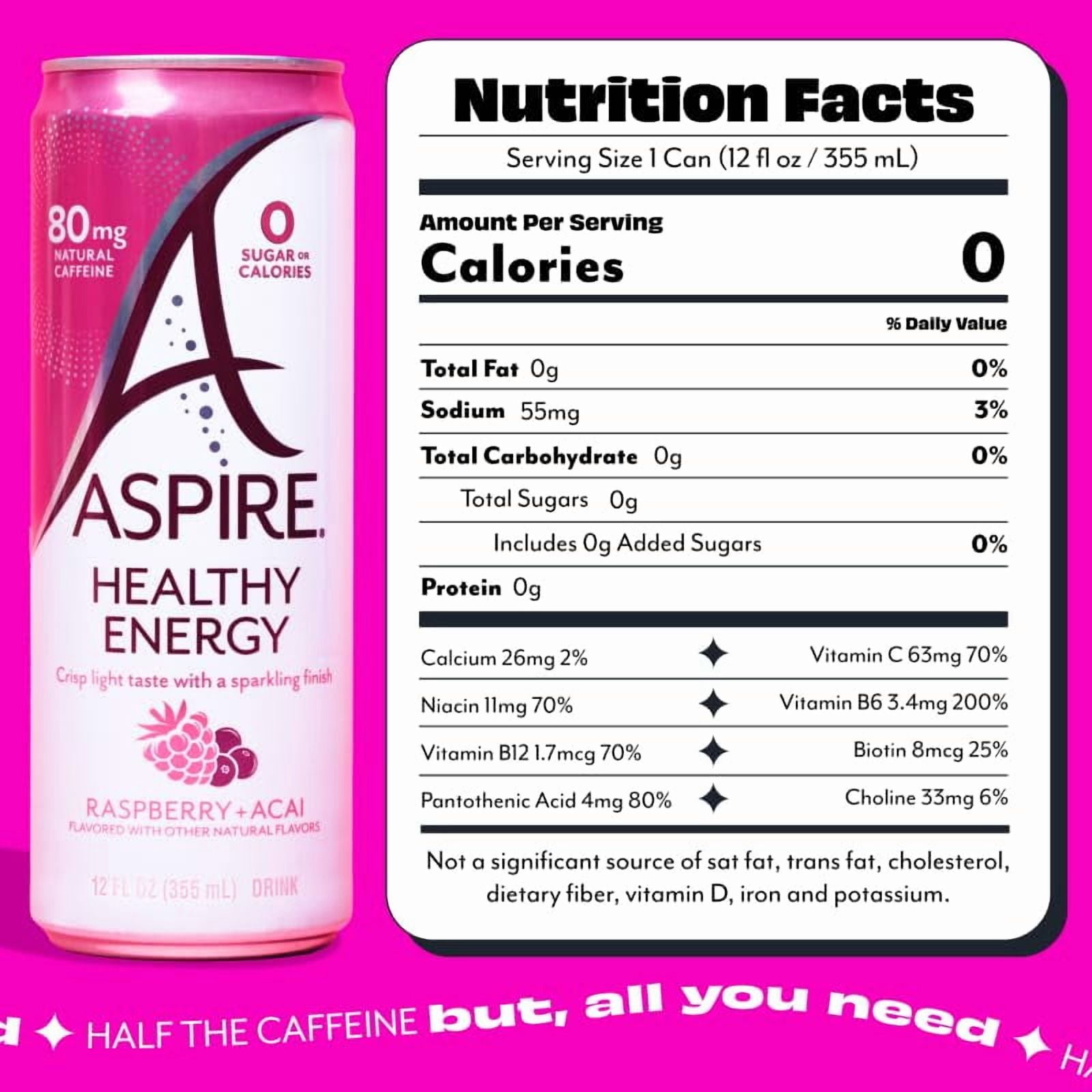 ASPIRE® Raspberry Acai , Healthy Energy Drink 80mg Natural Caffeine, Zero Sugar No Carbs Keto Friendly, 12 Pack Green Tea Sugar Free Drink Low Caffeine Zero Calorie