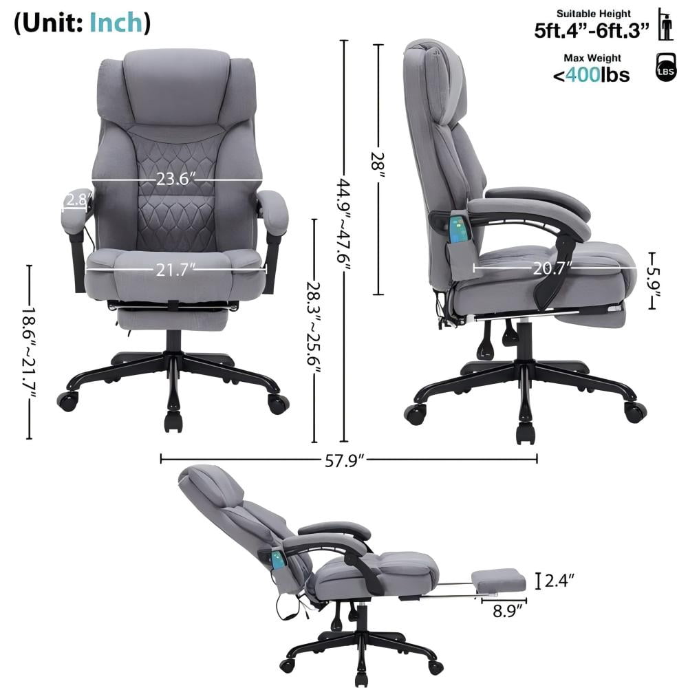 HESL Office Chair With Massage And Heated Lumber Spport, Big and Tall Reclining Desk Chair,Gray