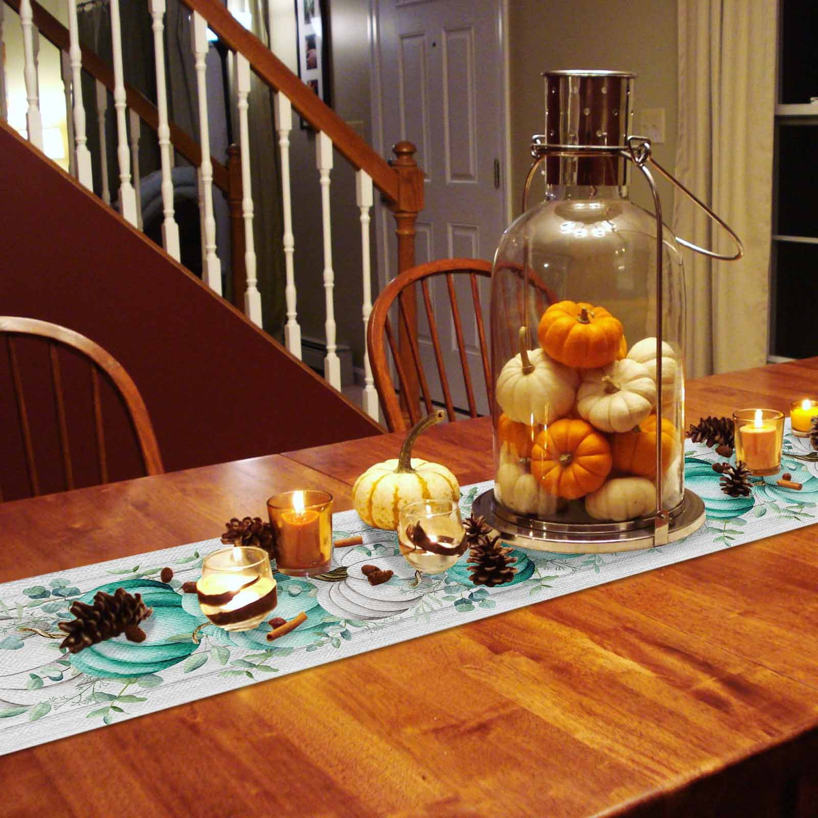 Table Runner 36 Inches Long, Fall Teal Pumpkin Thanksgiving Eucalyptus Wood Plank Cotton Linen Table Runners Non-Slip Durable Dresser Scarves for Table Party Dinner Holiday Home Decor, 1 Pack