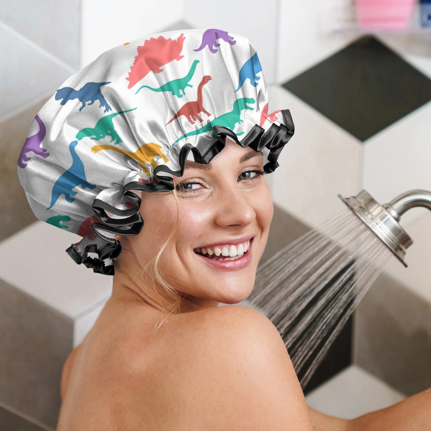 Shower Caps,Colorful Dinosaurs Silhouettes Pattern Waterproof Shower Cap for Women 4 Pieces,Double Reusable Hair Cover for Shower PEVA Elastic Stretch Hem