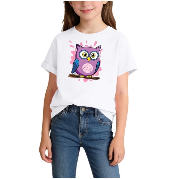 ZQUUVOU Boys Girls Short Sleeve T Shirt Crewneck Owl Print Cotton Casual Wear Outside Summer Tees for Kids 2-14 Years White