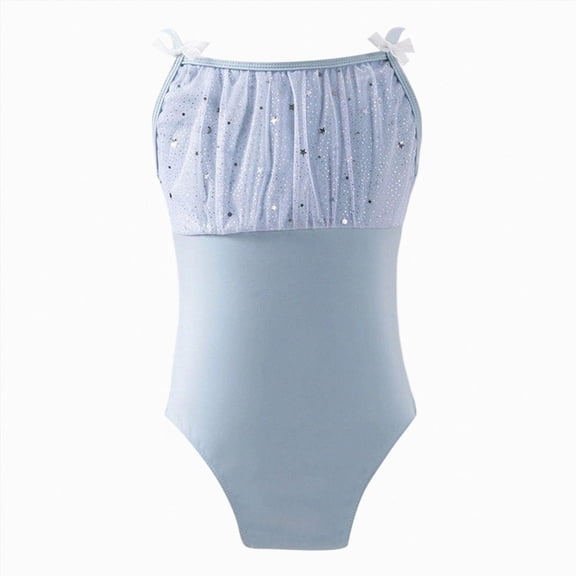 Girls Camisole Leotard with Sparkle Star Print and Bow Straps,Ballet Dance Bodysuit