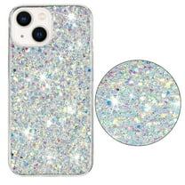 Bling Glitter Case for iPhone 15 Plus Case for Women Girls, Pretty Star Flash Twinkle Stardust Relief Pattern, Sparkling Powder Decoration, Heavy Duty Shockproof Protection Cover,White