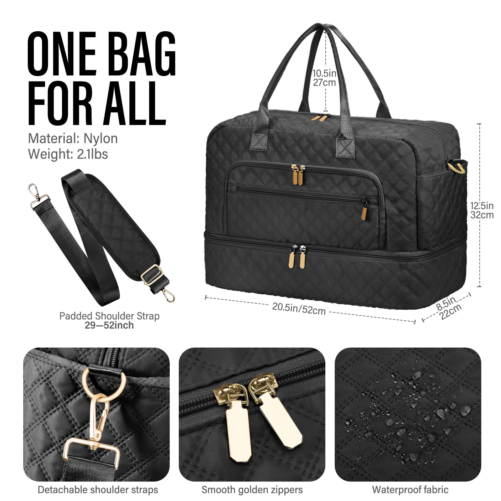 Livhil 2pcs Womens Overnight Bag, Carry on Weekender Bag with Shoe Compartment for Business Trips Sport Hospital, Black