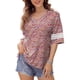 thumbnail image 1 of Camiseta con cuello en V y abertura lateral, puños de encaje sueltos, media manga, Top informal de moda para mujer, patrón rojo XL, 1 of 7