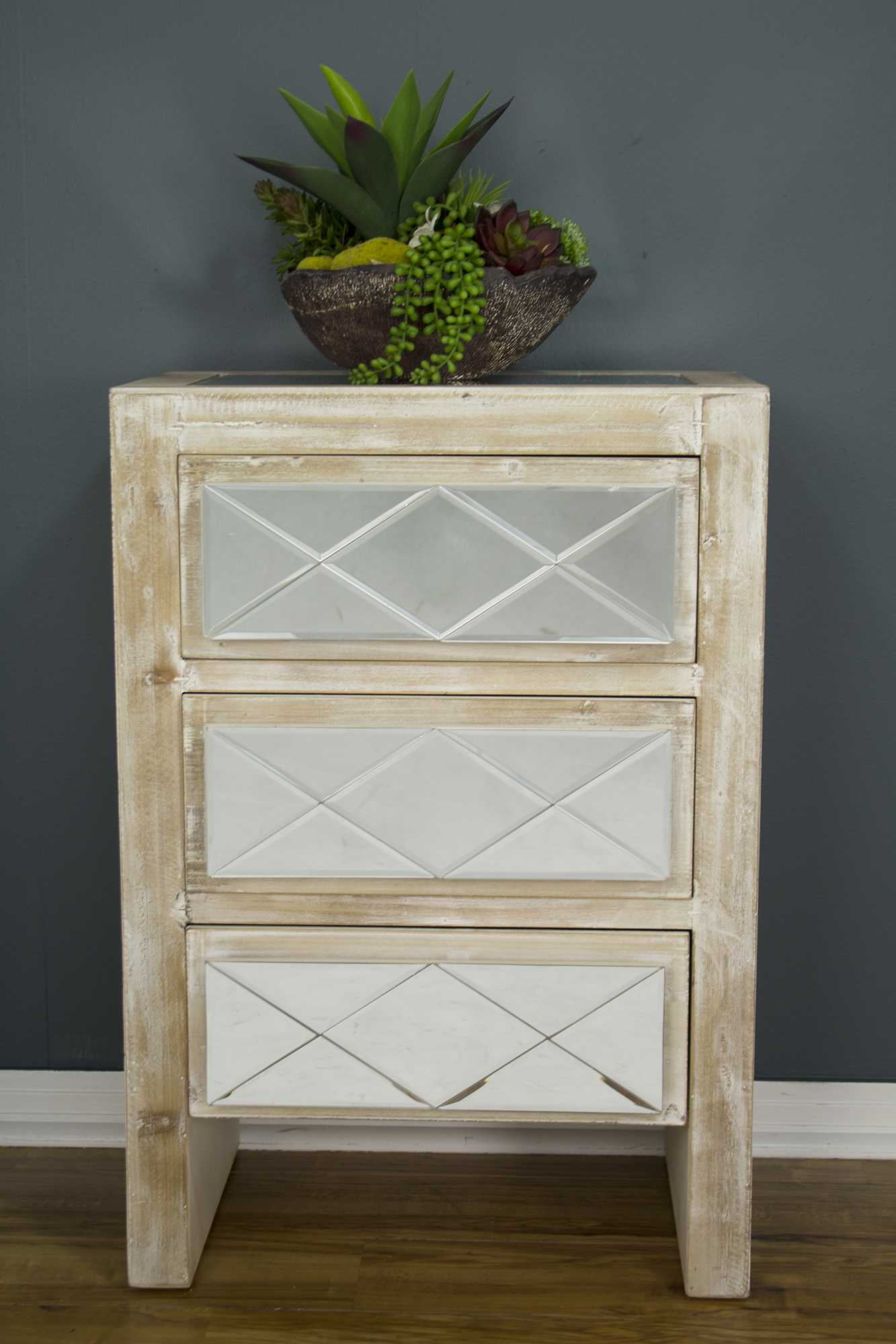 29' White Washed Wood Accent with 3 Drawers and Mirrored Glass